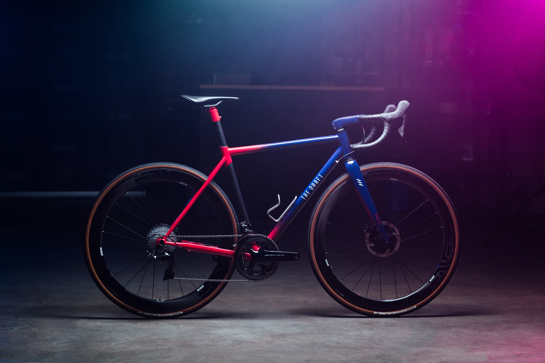 Blue and red Hypatia in a studio under coloured light.
