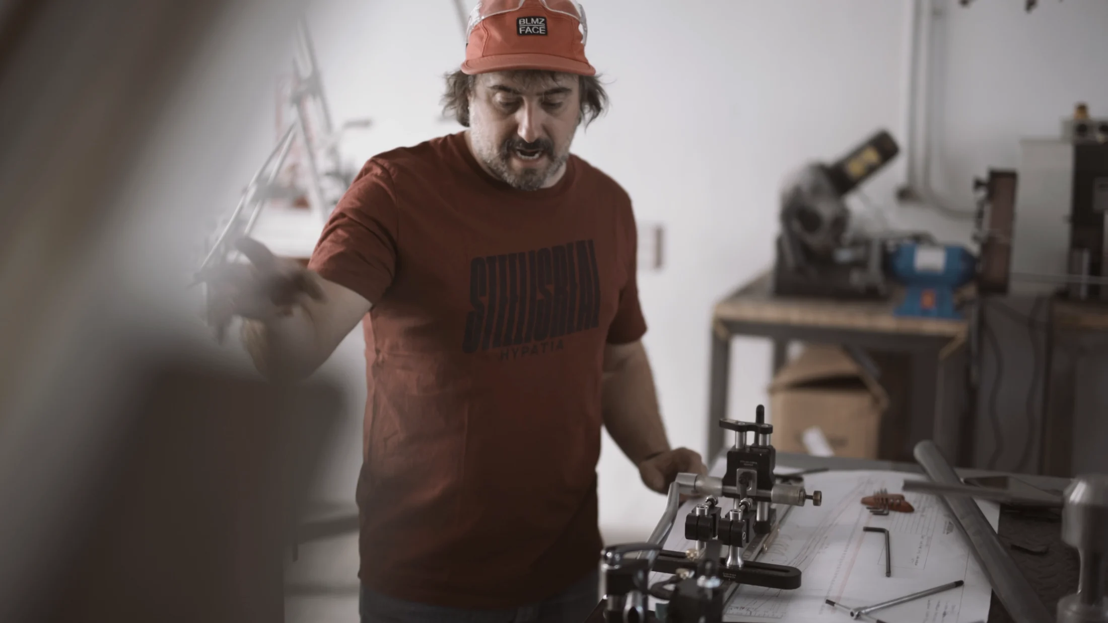 Pablo BBloque working on a bicycle frame in the workshop.